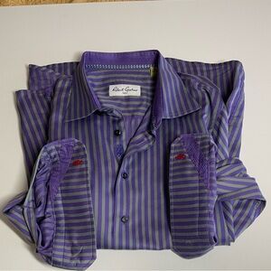 Robert Graham XL Flip Cuff Embroidered Striped Purple& Gray Long Sleeve Shirt